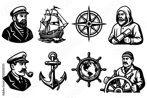 Nautical symbols and sea captains: vintage maritime adventure icons
