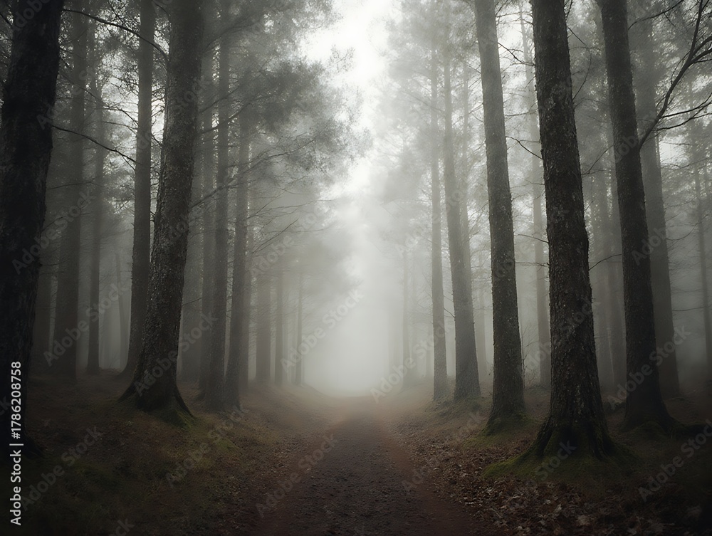 Obraz premium Atmospheric misty forest path beckoning towards obscured solitude and ancient nature.