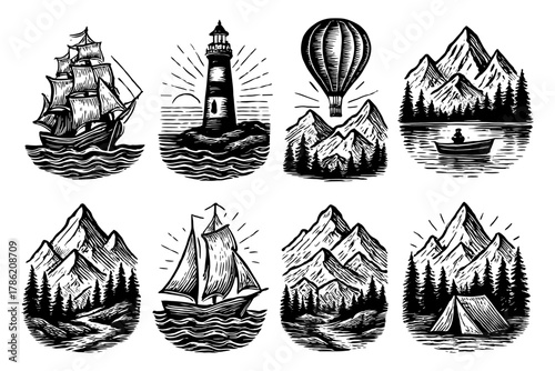 Vintage adventure icons: nautical, mountain, and outdoor exploration in monochrome design