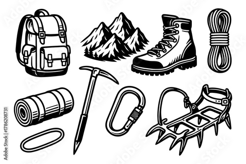 Outdoor adventure elements in bold black and white style featuring hiking equipment and mountain scenery