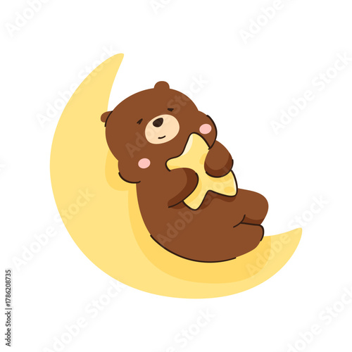 Baby bear hugs a star and sleeps on the moon. hand drawn.