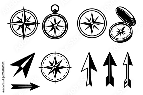 Collection of monochrome compass and arrow icons for navigation and design