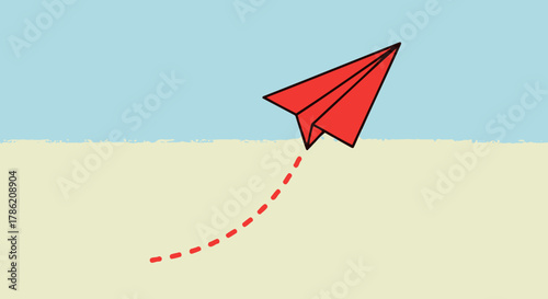Vibrant red paper airplane soaring upwards against a backdrop of sky and sand illustration