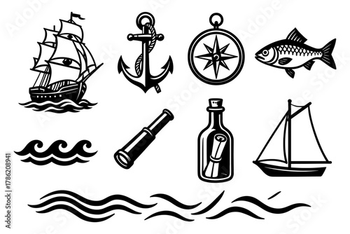 Nautical icons: sailing ship, compass, anchor, and more maritime designs