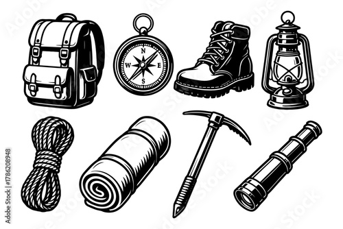 Adventure gear icons featuring backpack, compass, hiking boot, lantern, rope, sleeping bag, ice axe, telescope