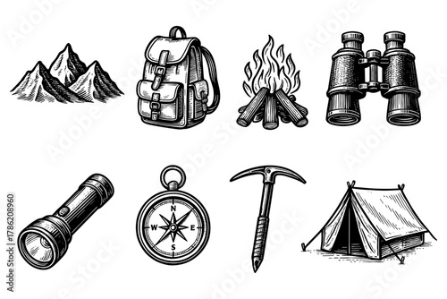 Vintage camping gear and adventure equipment icons set in retro style