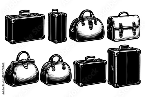 Vintage suitcases and bags in retro black and white style