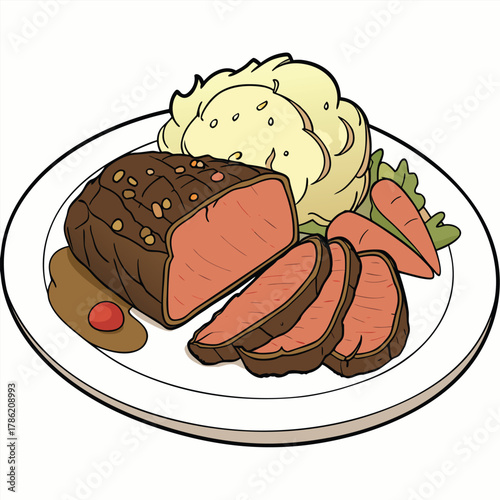 Illustration of a roast beef dinner with mashed potatoes on