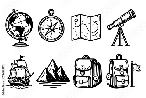 Adventure and exploration icons: globe, compass, map, telescope, ship, mountains, backpacks