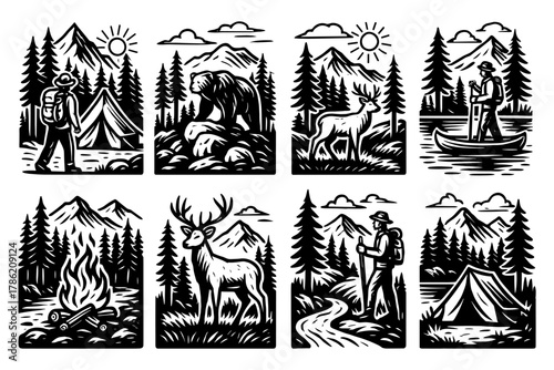 Outdoor adventure scenes with hiking, camping, and wildlife in woodcut style