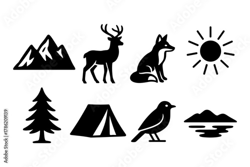 Nature silhouette icons: wildlife, camping, and landscapes in black and white