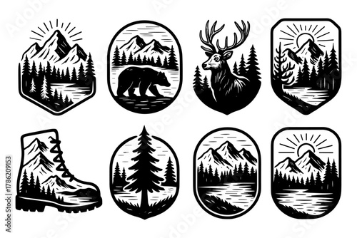 Rustic wilderness badge collection featuring mountains, wildlife, and nature elements