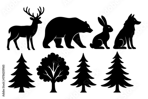 Silhouette wildlife and forest trees collection