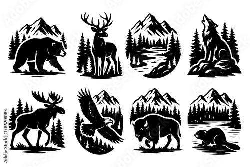 Wildlife silhouettes with forest and mountain scenery