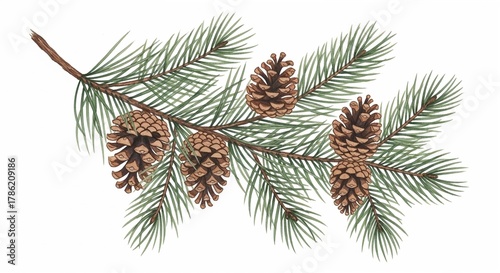 Pine branch with pine cones and green needles on white background  