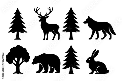 Silhouette forest animals and trees collection in black