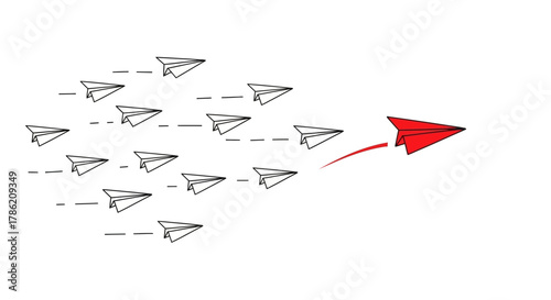 Red paper airplane soaring ahead with a trail of follower white airplanes illustration