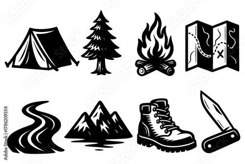 Adventure icons set: camping, hiking, nature elements in black silhouette style