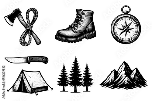 Adventure gear and nature elements in vintage style for outdoor enthusiasts