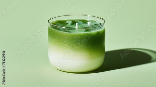 luxury matcha candle in glass cup with cream splash on green background