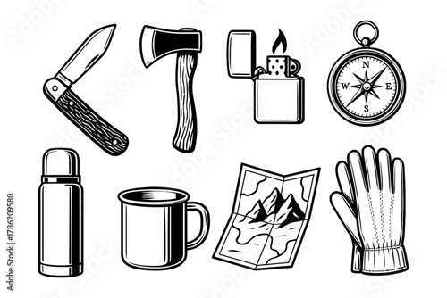 Outdoor adventure icons featuring camping tools and navigation in black and white