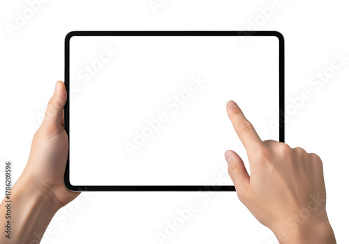 Human hands holding a modern black digital tablet with a blank white screen, a finger tapping the display, isolated on transparent background for technology mockups and app demonstrations.
