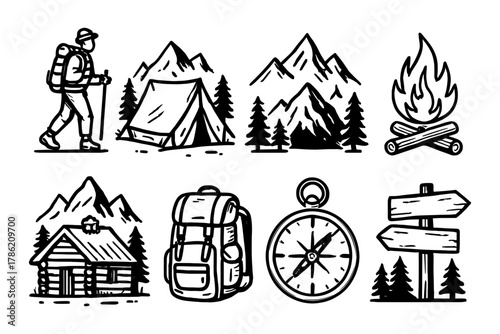 Outdoor adventure icons: camping, hiking, and nature in monochrome design