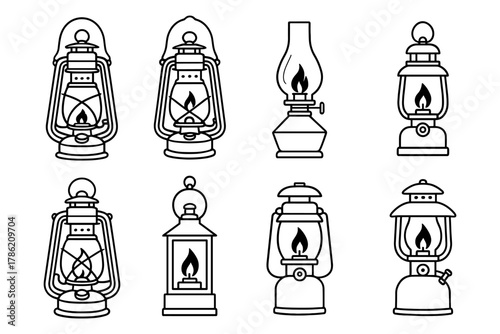 Vintage lantern collection: rustic oil lamp line art for nostalgic design projects