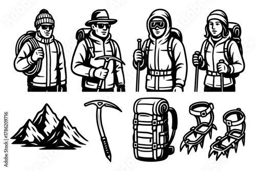 Adventurous hikers and essential climbing gear in bold black and white style