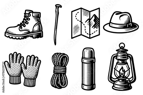 Camping and hiking essentials: vintage style outdoor gear and adventure icons