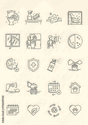 Collection of cleaning icons for house, home and business, set of vector symbols, isolated on beige background, modern style