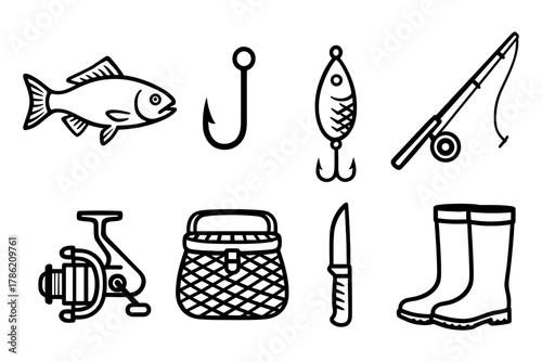 Fishing gear collection: icons of hooks, fish, and equipment in black outline style