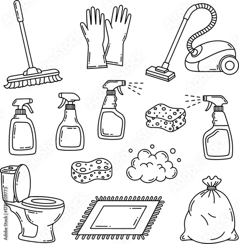 Collection of cleaning supplies and tools including a mop broom vacuum cleaner gloves sponges and toilet for household chores