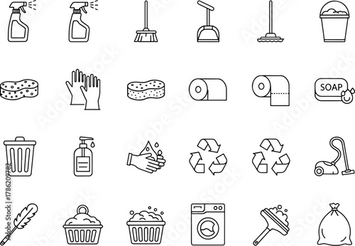 Collection of Cleaning Supplies Icons Vector Set Household Chores Equipment And Tools Line Art Graphics