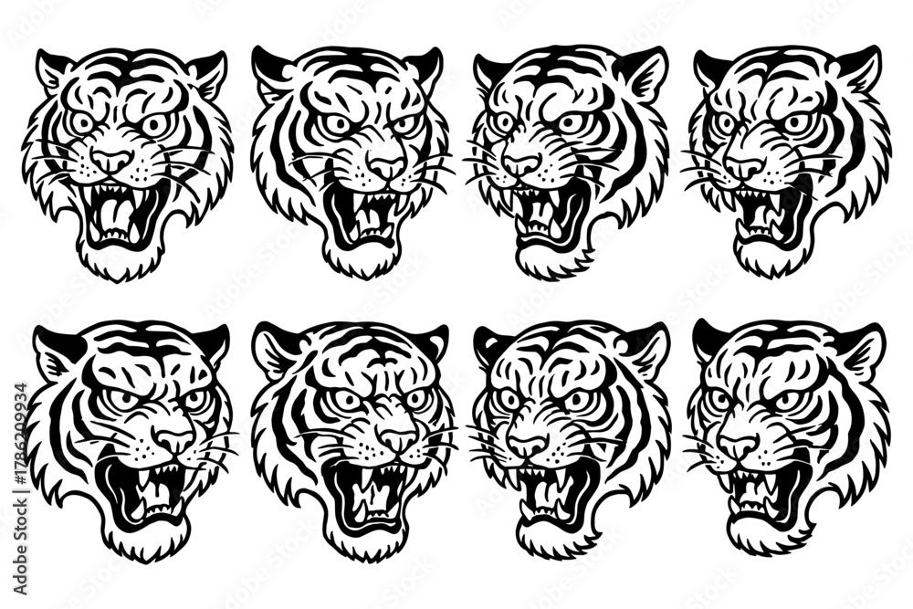 Fototapeta premium Set of fierce tiger heads in monochrome style for tattoo and design inspiration
