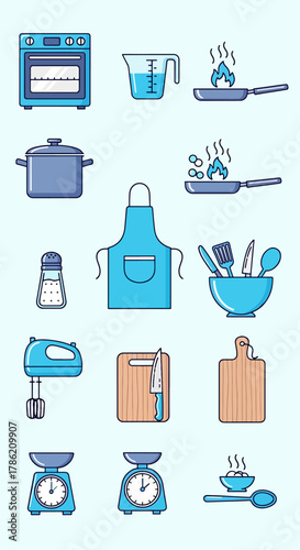 Collection of cooking and kitchen utensils flat design icons, including oven, pot, measuring cup, frying pans, apron, salt shaker, mixer, cutting boards, and scales