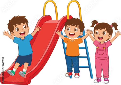 Children playing on slide, happy kids illustration, cartoon playground activity, smiling boys and girls, outdoor fun, childhood joy, friendship, unity, colorful design