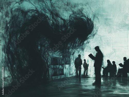 Abstract fear as shadowy tendrils surrounding people reading sensationalist news