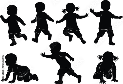 Children silhouettes, kids playing, running, walking, crawling, childhood activity, dynamic poses, playful movement, black outline, vector illustration, isolated background, design element