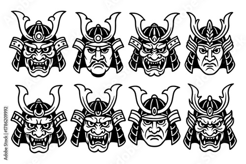 Detailed samurai warrior helmets collection in black and white