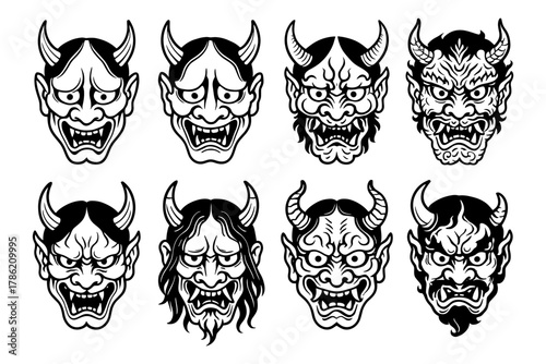 Traditional oni mask set featuring fierce demon faces in black and white