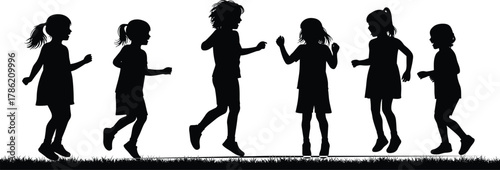Children silhouettes, kids playing outdoors, dancing children vector, childhood joy, friendship illustration, happy kids design, fun activity, playful movement artwork