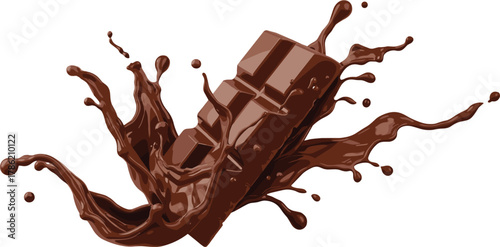 Chocolate bar splash illustration, melted chocolate vector, sweet dessert art, cocoa candy design, food indulgence graphic, confectionery product advertising concept