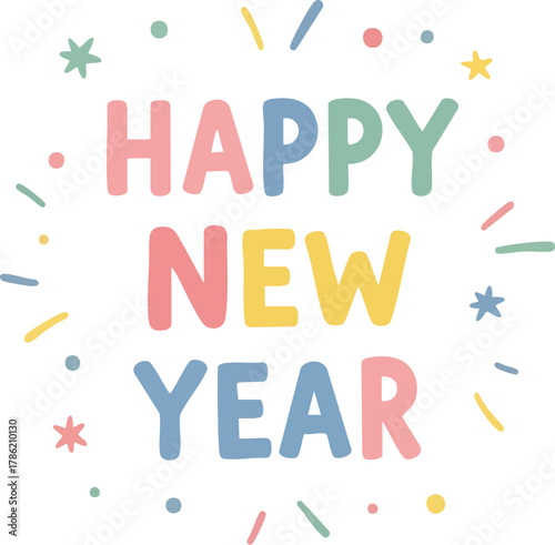 A colorful 2D flat illustration of a Happy New Year message with confetti and streamers in a celebratory mood against a plain background.