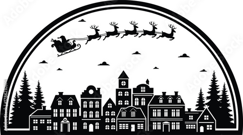 Christmas silhouette illustration, Santa sleigh with reindeer, festive winter townscape, snow globe design, holiday season background, black and white artwork
