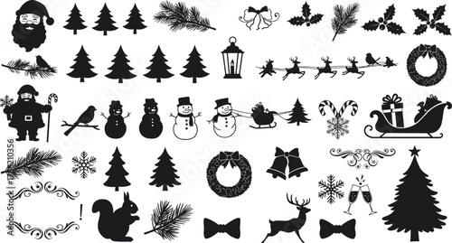 Christmas silhouette icons, Santa Claus, reindeer sleigh, snowman, Christmas tree, holiday decorations, winter elements, festive design, vector illustration, black