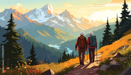 Elderly couple hiking in a vibrant mountain landscape. Senior couple trekking along a scenic mountain trail. Active senior couple enjoying the mountain outdoors