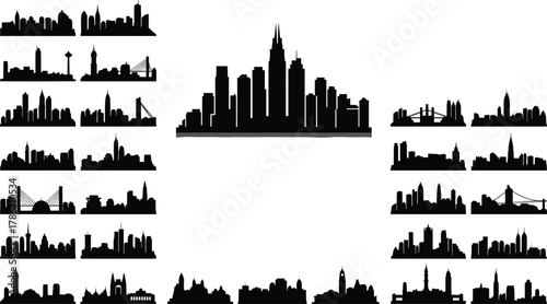 City skyline, landmark silhouette, New York, Paris, London, Sydney, architecture, building, urban, travel, tourism, famous monument, skyline vector, cityscape, global landmark, modern architecture
