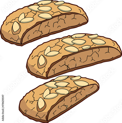 Three biscotti cookies with almonds illustration