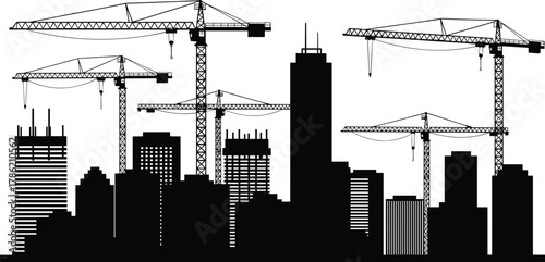 City skyline, construction cranes, urban development, modern architecture, building silhouettes, infrastructure growth, high rise buildings, construction industry, tower cranes, urban skyline,
